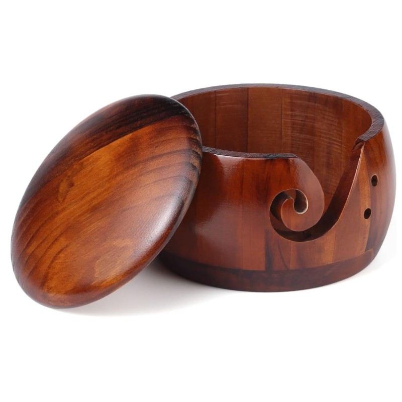 Knitting Bowl Supplier - 7x5.1in Wood Bowl with Lid Carved Holes