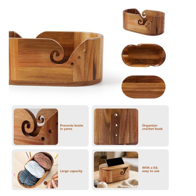 Yarn Bowl Manufacturer - Large Acacia Wood Oval with Knitting Hooks