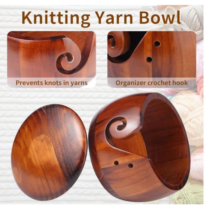 Knitting Bowl Supplier - 7x5.1in Wood Bowl with Lid Carved Holes