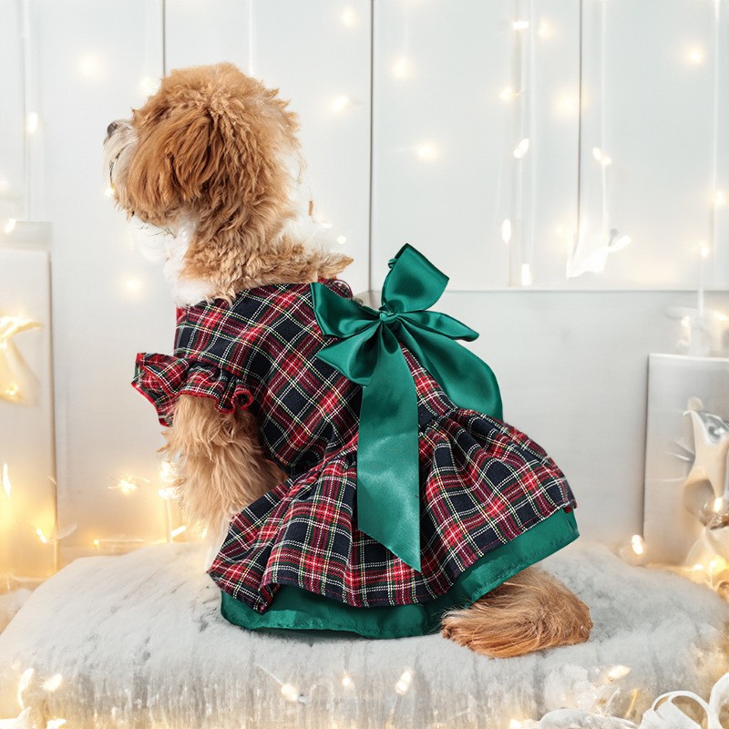 Pet Christmas Dress Factory - Velvet Plaid Bow Tie Design