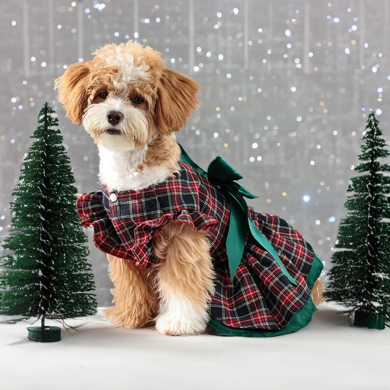 Pet Christmas Dress Factory - Velvet Plaid Bow Tie Design
