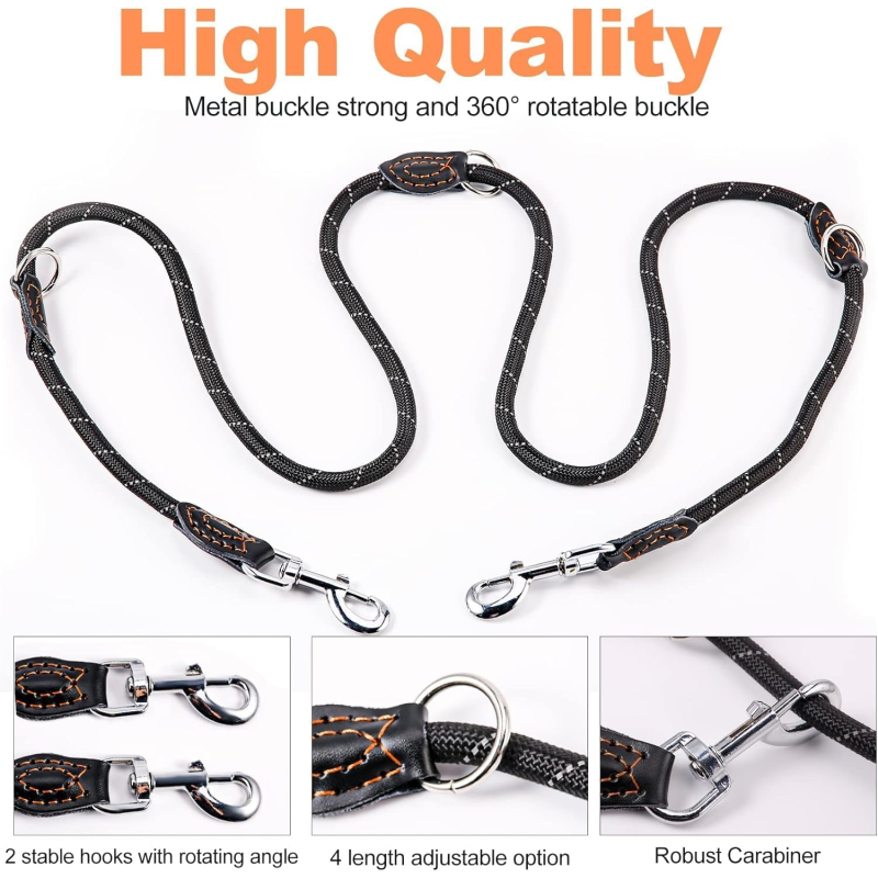 Dog Leash Factory - Adjustable Nylon Double Head with Carabiners