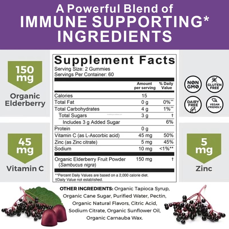 Organic Elderberry Gummies Factory - OEM/ODM Vitamin Candies Healthy Metabolism Support