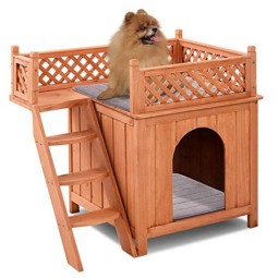 Dog House Manufacturer - Wooden Dog Room Shelter with Stairs Raised Roof Balcony Bed