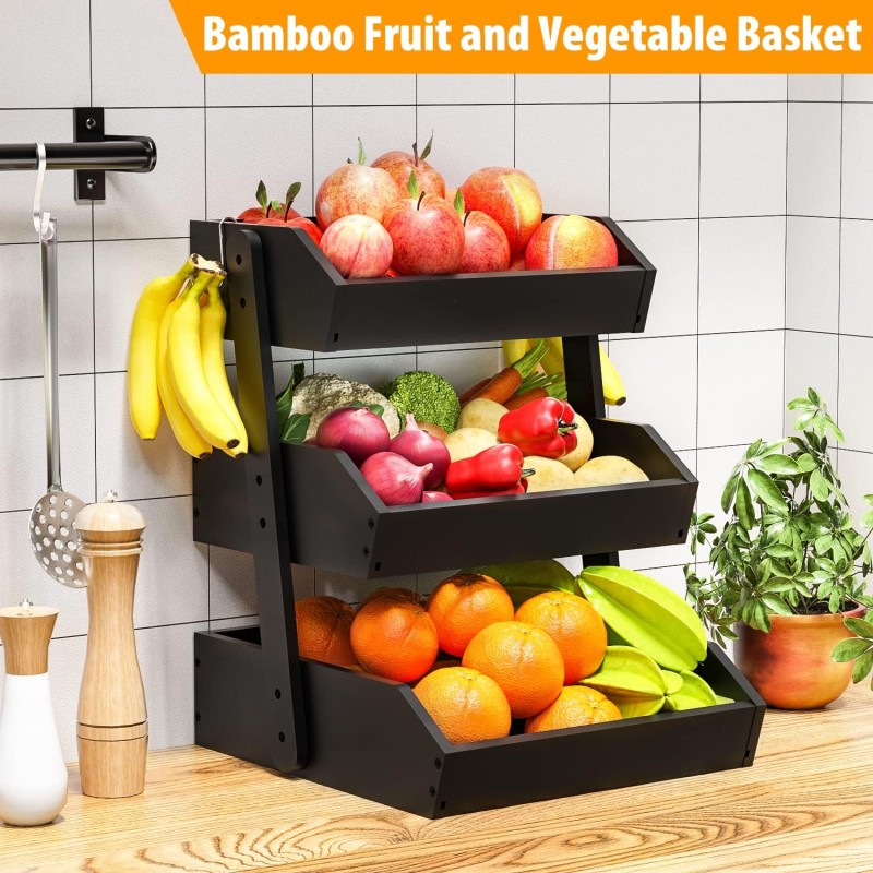 Bamboo Fruit Stand Supplier - 3 Tier Black Kitchen Storage