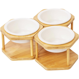 Ceramic Cat Bowls Supplier - 3 Set Elevated Bamboo Stand
