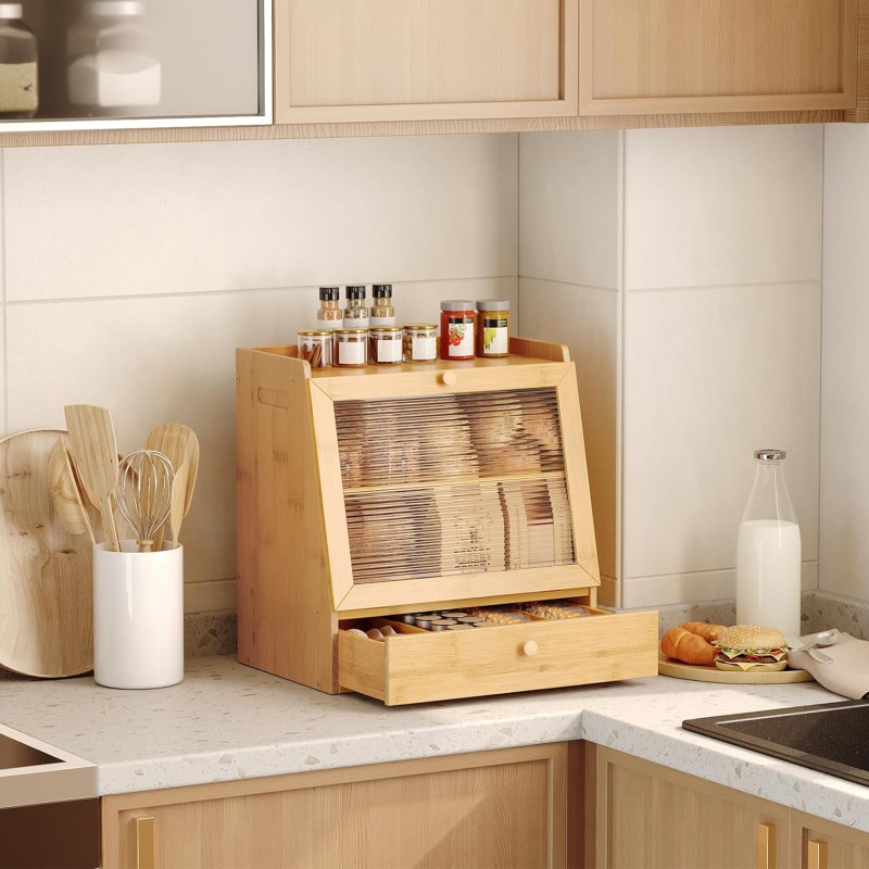Bamboo Bread Box Supplier - Natural Acrylic Door Storage Container