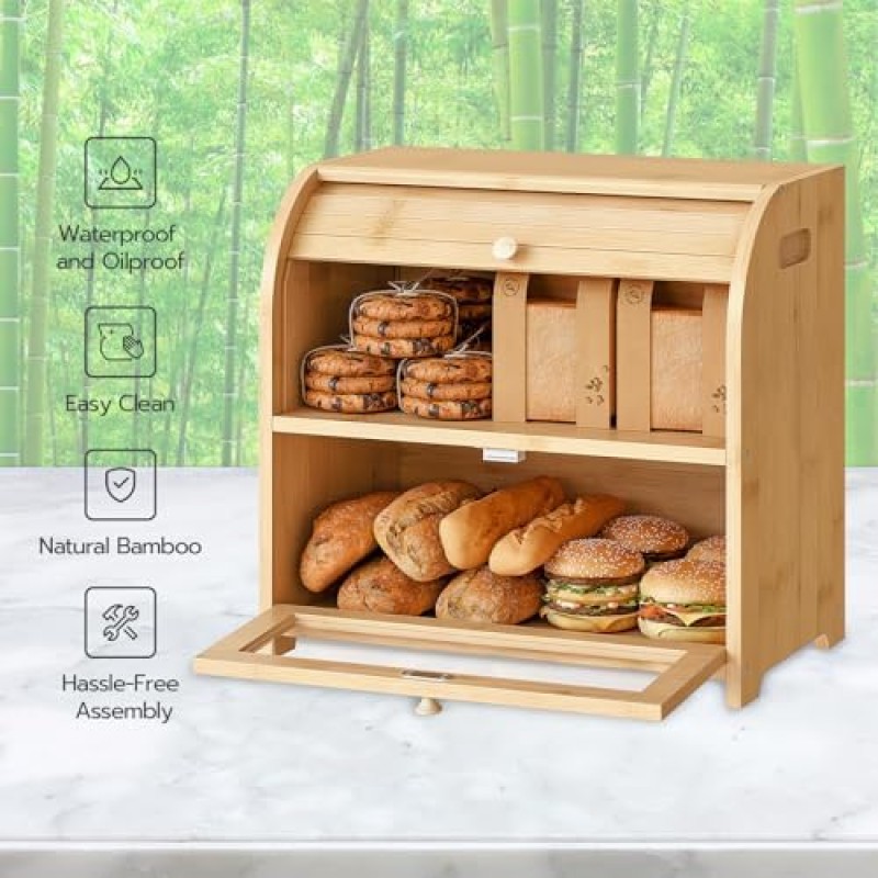 Bamboo Bread Box Supplier - 2 Tier Roll Top Large Capacity