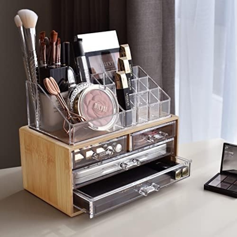 Bamboo Makeup Organizer Supplier - 4 Acrylic Storage Compartments