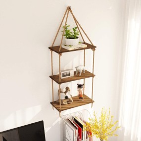Floating Wall Shelves Factory - JUNJI 3-Tier Farmhouse Rustic Wood Swing Rope Hook Installation