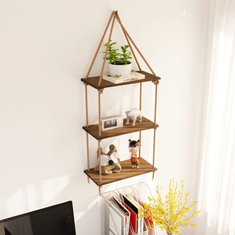Floating Wall Shelves Factory - JUNJI 3-Tier Farmhouse Rustic Wood Swing Rope Hook Installation