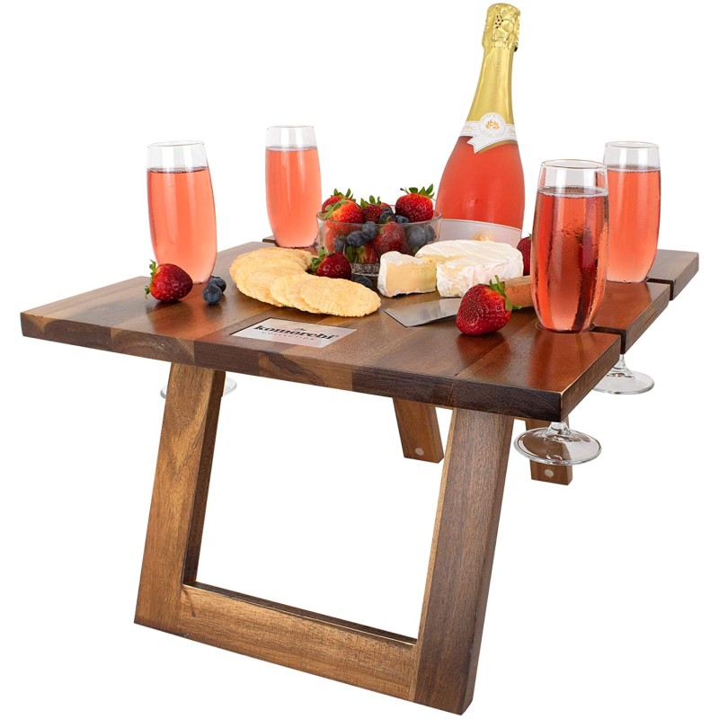 Wine Picnic Table Manufacturer - Outdoor Table with 4 Glass Racks Foldable Wooden Table