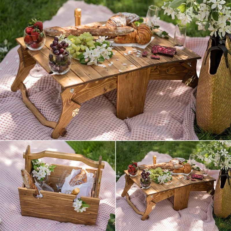 Folding Wine Table Factory - Portable Wooden Outdoor Folding Wine Cheese Tray with Legs