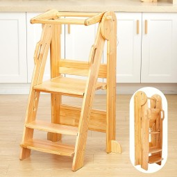 Foldable Step Stool Supplier - 3-Level Wood Toddler Tower with Safety Rails Montessori