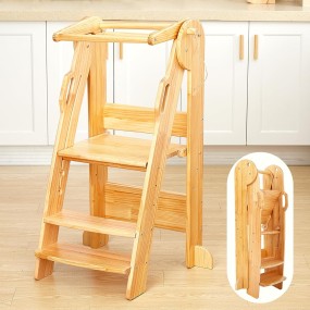 Foldable Step Stool Supplier - 3-Level Wood Toddler Tower with Safety Rails Montessori