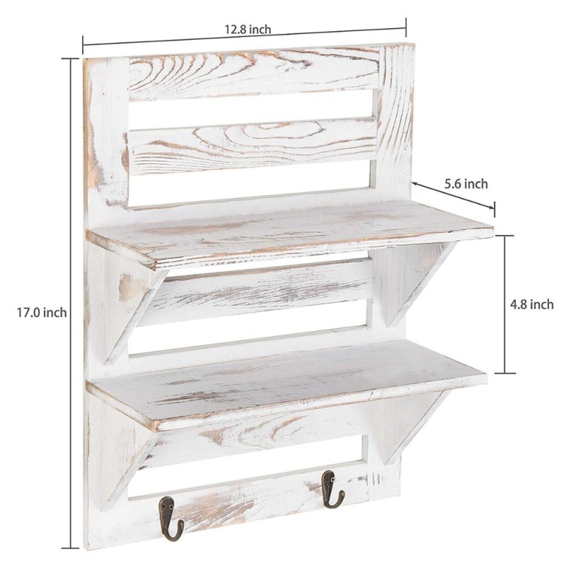 Wall-Mounted Shelf Manufacturer - Rustic Whitewashed Wood Shelf Rack with Key Hooks