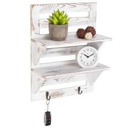 Wall-Mounted Shelf Manufacturer - Rustic Whitewashed Wood Shelf Rack with Key Hooks