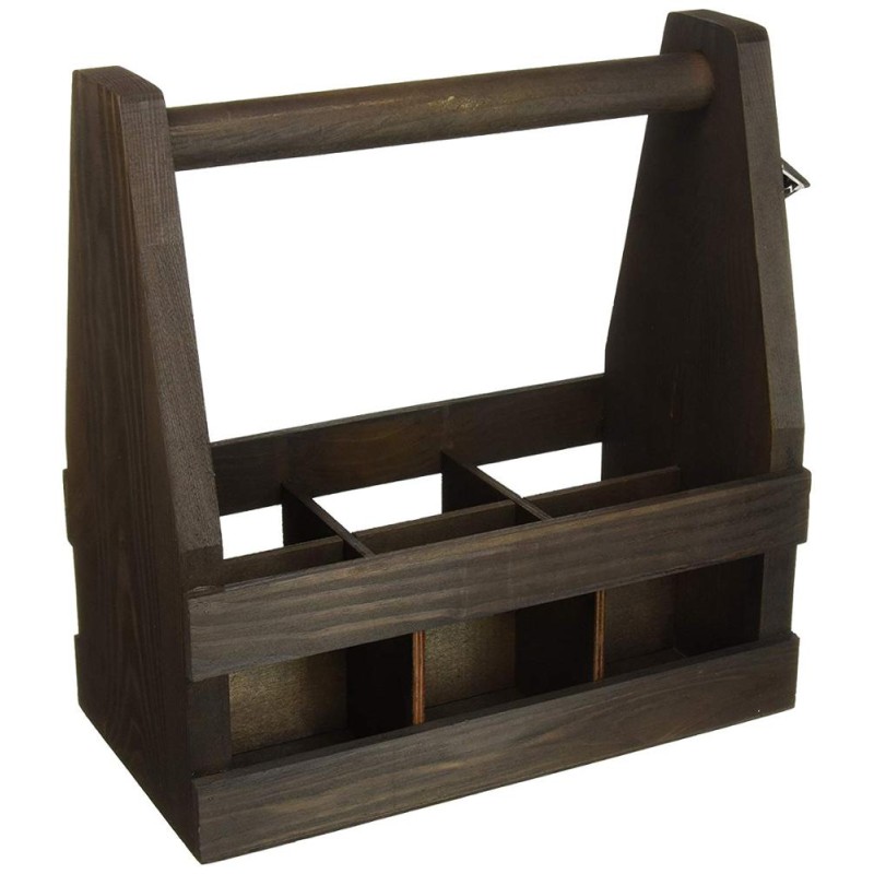 Beer Caddy Manufacturer - JUNJI 6 Slot Rustic Burnt Wood Caddy with Bottle Opener