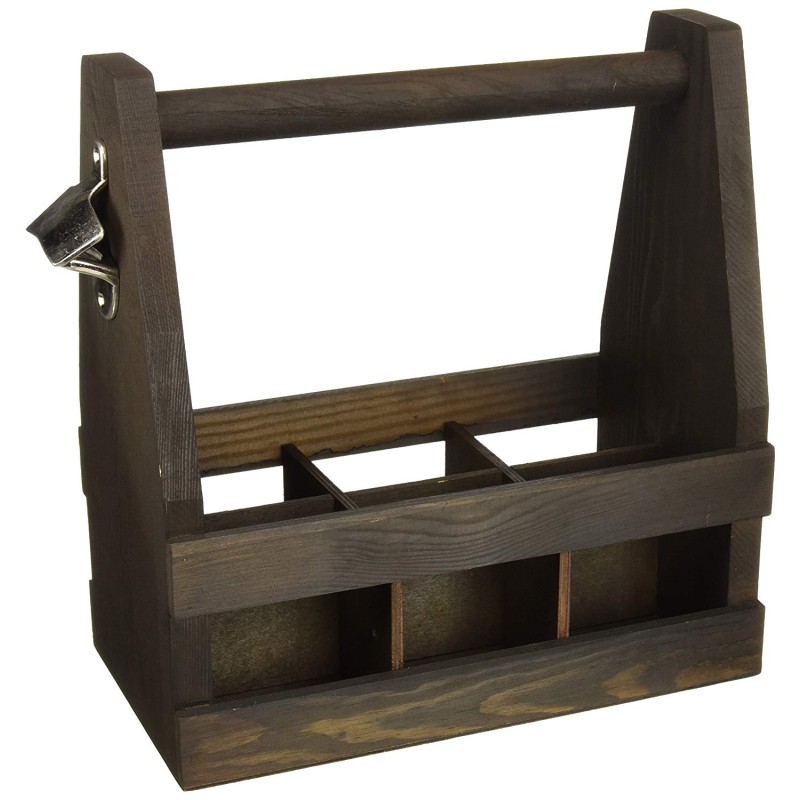 Beer Caddy Manufacturer - JUNJI 6 Slot Rustic Burnt Wood Caddy with Bottle Opener