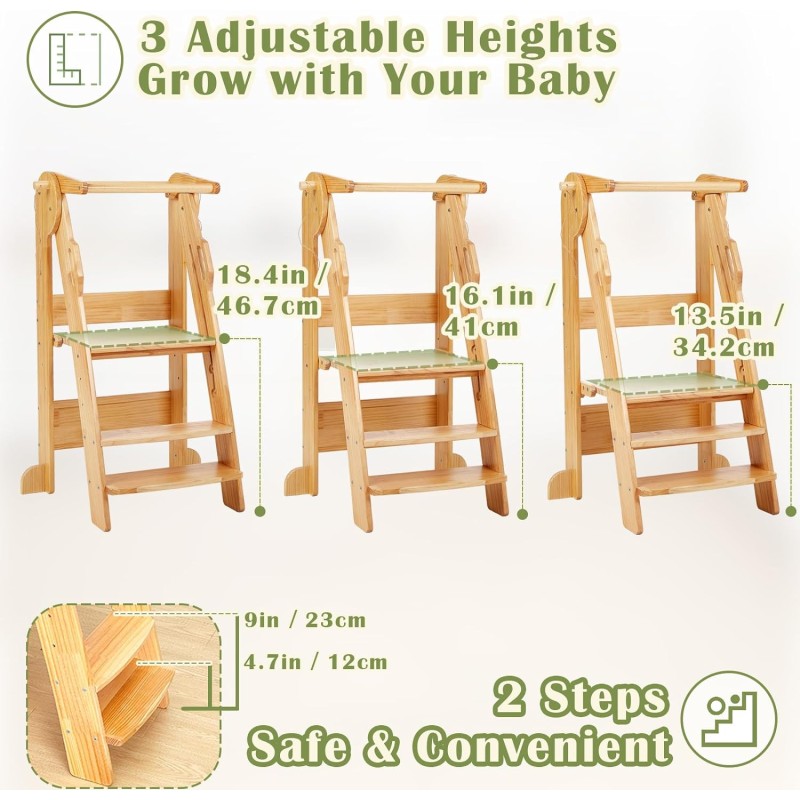 Foldable Step Stool Supplier - 3-Level Wood Toddler Tower with Safety Rails Montessori