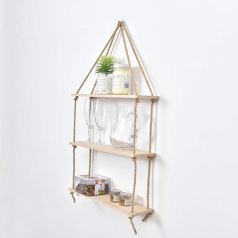Wall-Hanging Shelf Manufacturer - Handmade 3-Tier Floating Swing Rack with Jute Rope