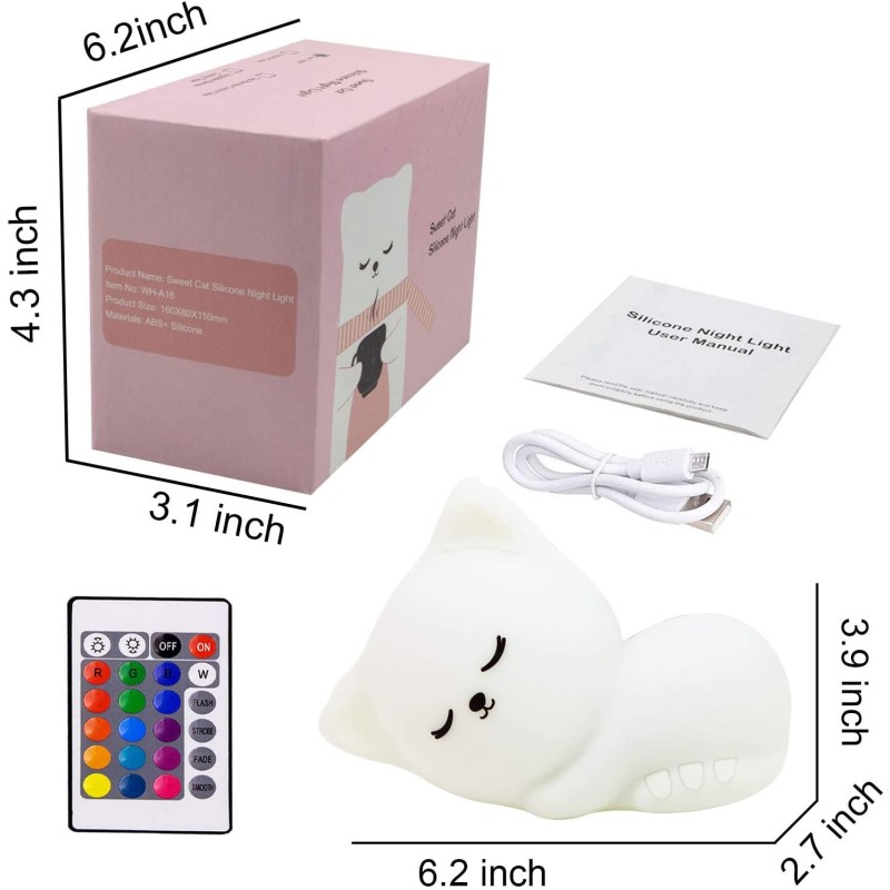Cat Night Light Factory - Tap Control Cat Shape USB Rechargeable Remote Lamp for Kids Bedroom
