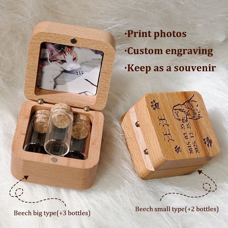Pet Memorial Box Supplier - Custom Wooden Pet Hair Teeth Claws Storage Box Photo Engraving