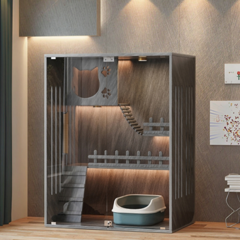 Luxury Cat House Supplier - Wholesale Manufacturer Popular LED Enclosed Modern Wooden Cat Villa