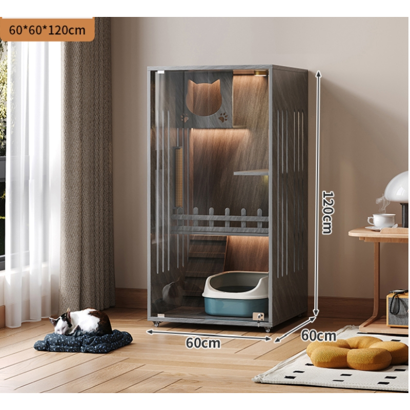 Luxury Cat House Supplier - Wholesale Manufacturer Popular LED Enclosed Modern Wooden Cat Villa