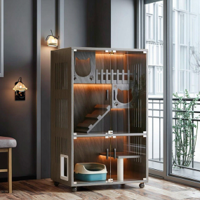 Luxury Cat House Supplier - Wholesale Manufacturer Popular LED Enclosed Modern Wooden Cat Villa