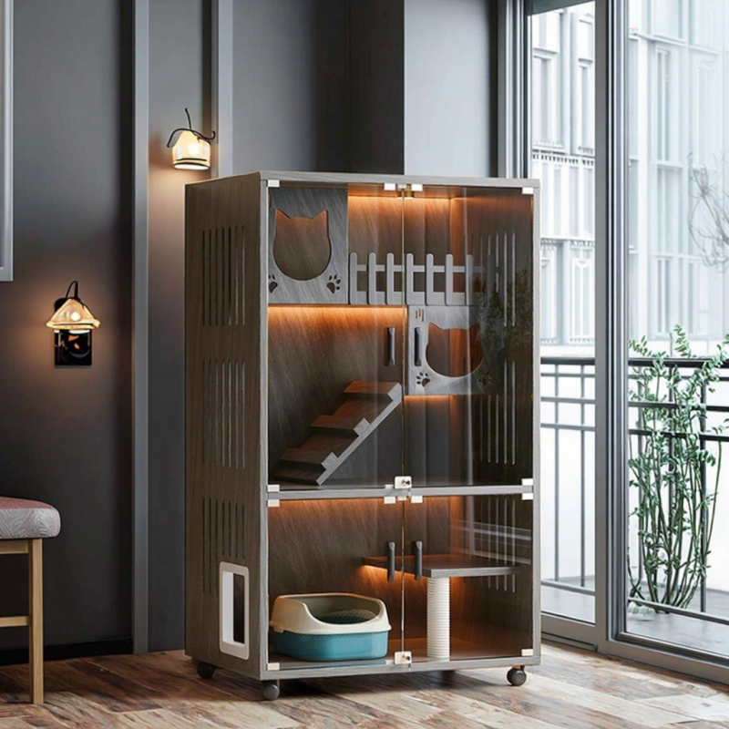 Luxury Cat House Supplier - Wholesale Manufacturer Popular LED Enclosed Modern Wooden Cat Villa