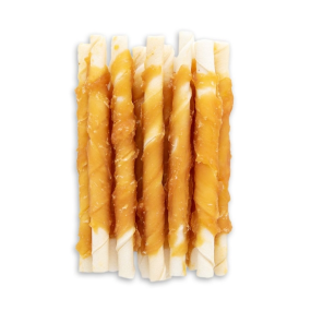 Pet Chews Factory - Custom Logo Design Economical Organic Rawhide Twisted Stick Chicken-Wrapped