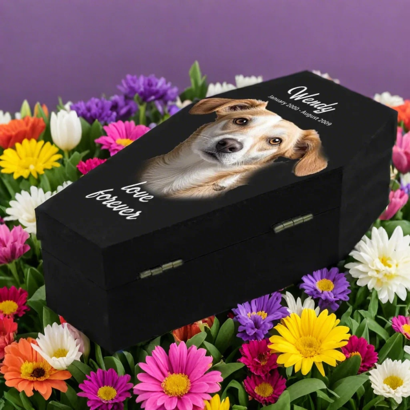 Pet Urn Supplier - Solid Wood Cremation Urn Customizable Pet Ash Coffin with Printed Design