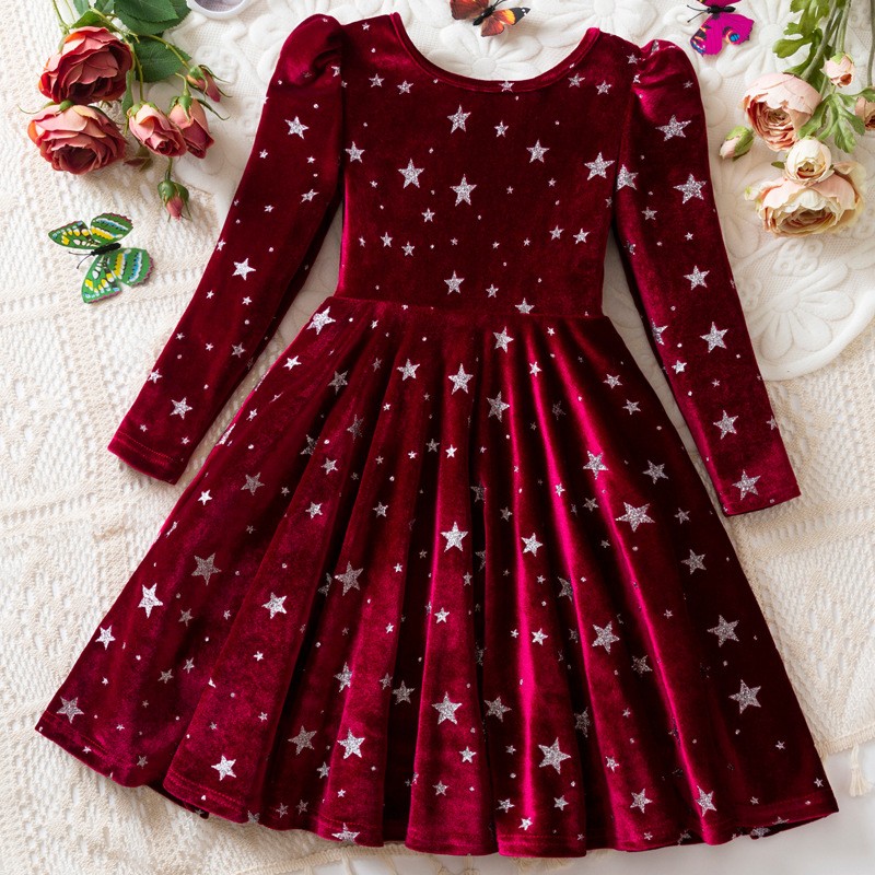 Girls Christmas Dress Supplier - Wholesale Long Sleeve Velvet Star Print Winter Dress
