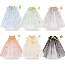 Girls Cape Set Manufacturer - OEM 2-Piece Star Tulle Sequin Cape with Magic Stick