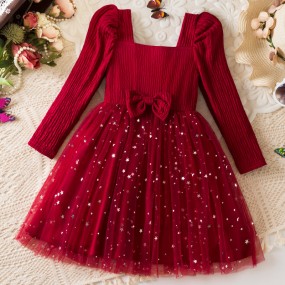 Girls Tutu Dress Manufacturer - OEM Long Sleeve Lace Winter Star Print Dress