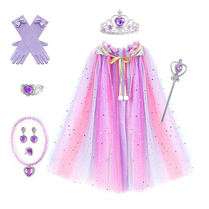 Girls Princess Cape Factory - Custom Rainbow Gradient Tulle Sequins Cloak with Gloves