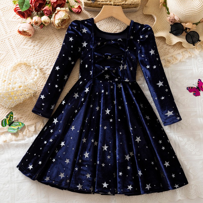 Girls Christmas Dress Supplier - Wholesale Long Sleeve Velvet Star Print Winter Dress