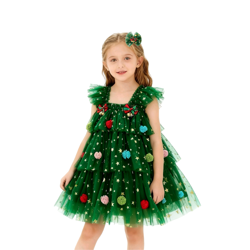 Christmas Party Dress Manufacturer - OEM Sequined Star Print Flare Sleeve Tulle Dress