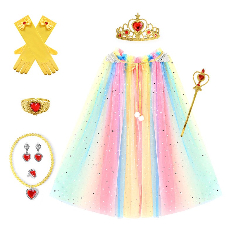 Girls Princess Cape Factory - Custom Rainbow Gradient Tulle Sequins Cloak with Gloves