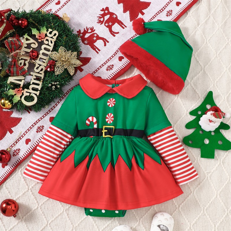 Baby Girl Romper Factory - Wholesale Long Sleeve Cotton Christmas Party Jumpsuit with Hat