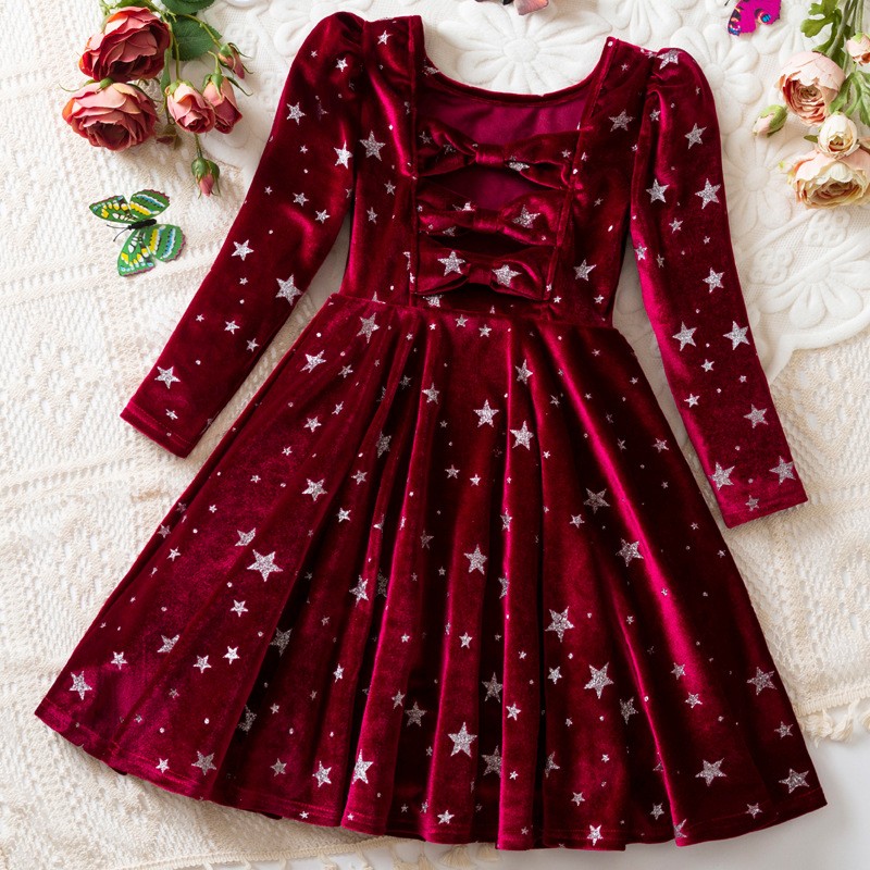 Girls Christmas Dress Supplier - Wholesale Long Sleeve Velvet Star Print Winter Dress