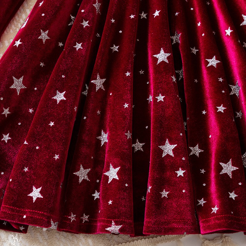 Girls Christmas Dress Supplier - Wholesale Long Sleeve Velvet Star Print Winter Dress