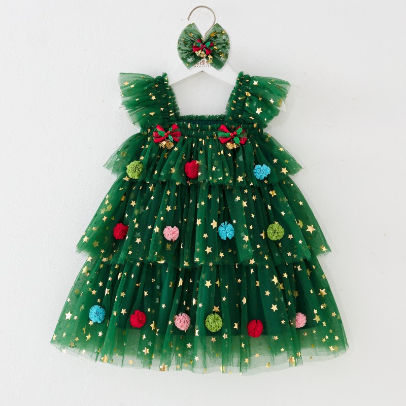 Christmas Party Dress Manufacturer - OEM Sequined Star Print Flare Sleeve Tulle Dress