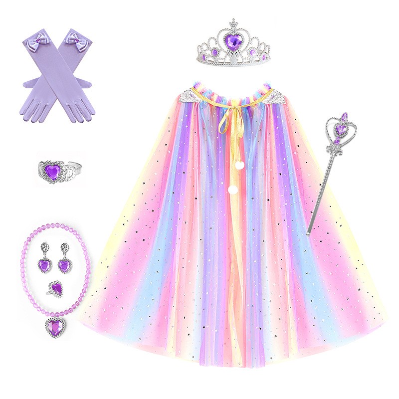Girls Princess Cape Factory - Custom Rainbow Gradient Tulle Sequins Cloak with Gloves