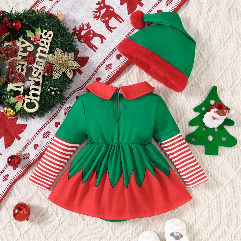 Baby Girl Romper Factory - Wholesale Long Sleeve Cotton Christmas Party Jumpsuit with Hat