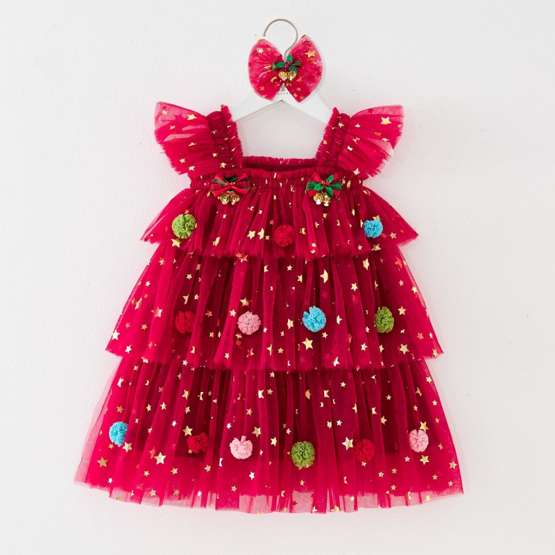 Christmas Party Dress Manufacturer - OEM Sequined Star Print Flare Sleeve Tulle Dress