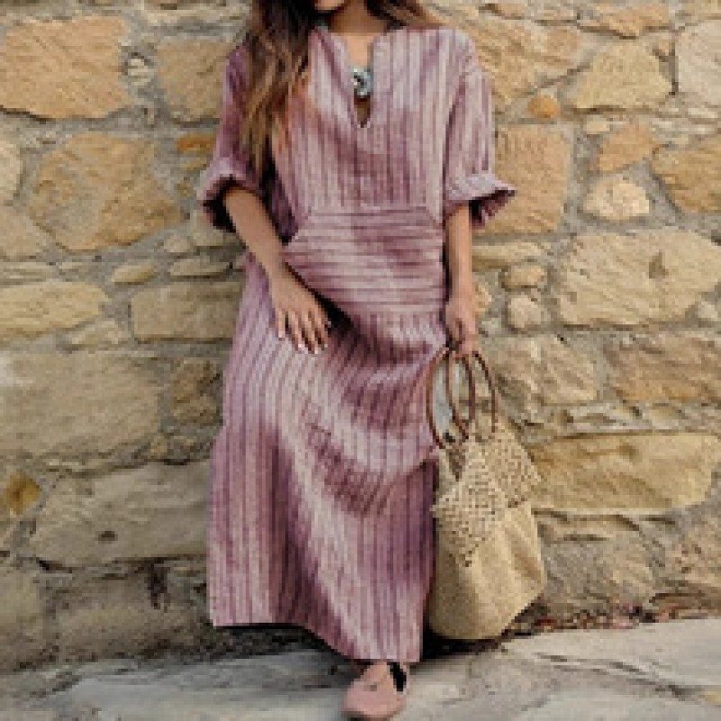 Casual Dress Manufacturer - Cotton Linen Striped Loose Dress