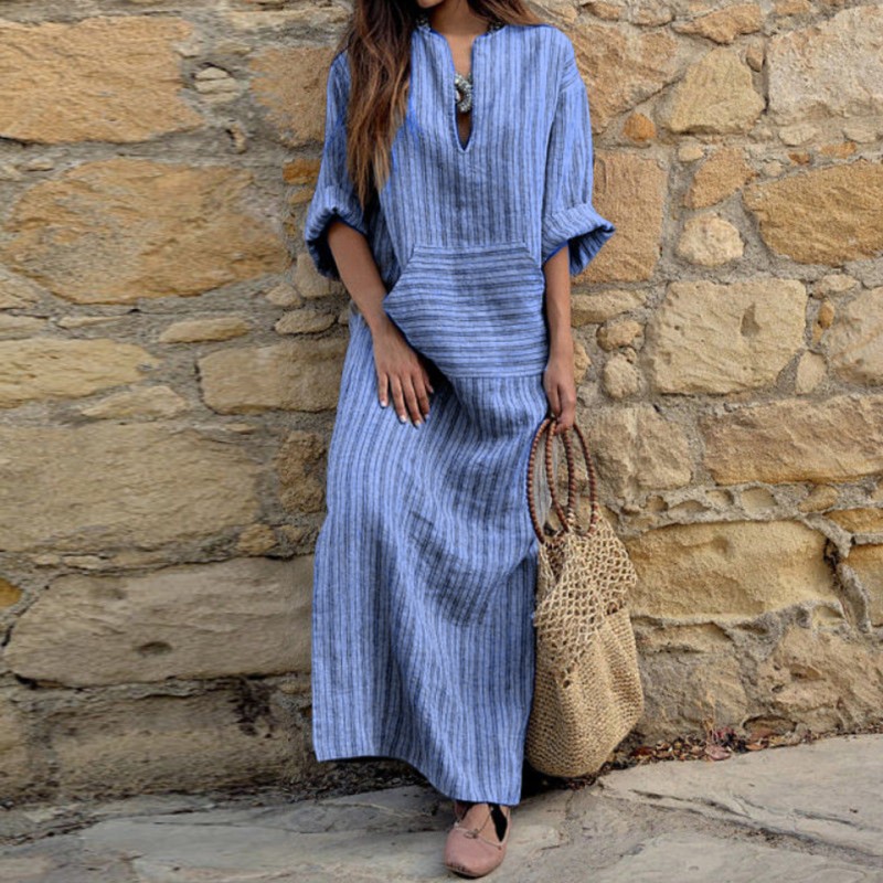 Casual Dress Manufacturer - Cotton Linen Striped Loose Dress