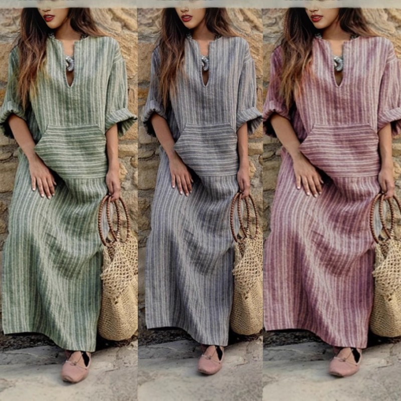 Casual Dress Manufacturer - Cotton Linen Striped Loose Dress